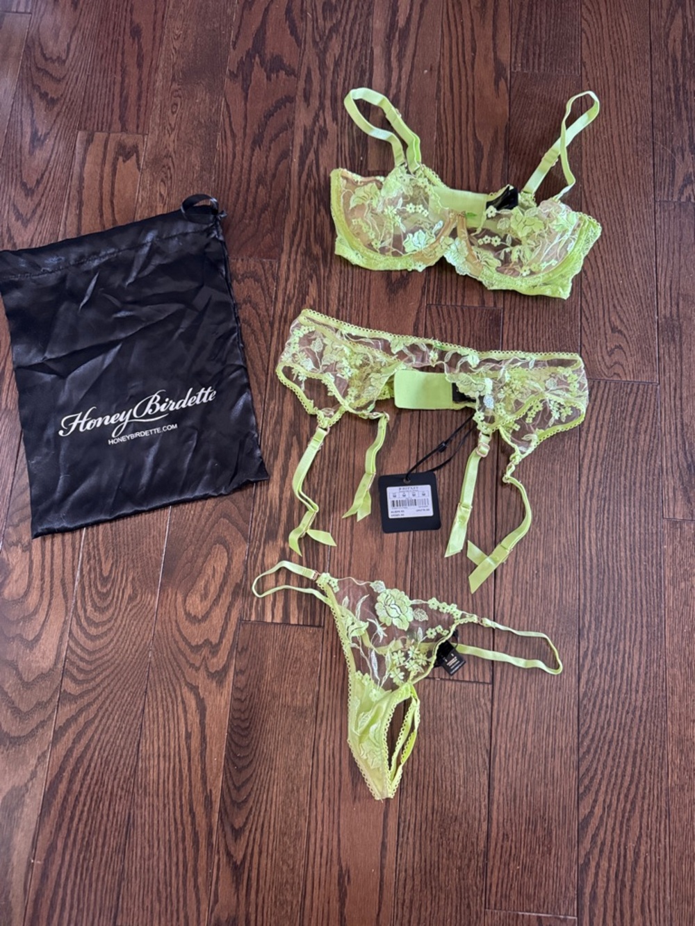Honey Birdette Whitney Neon Yellow Lace Lingerie Set 32DD, M, S
